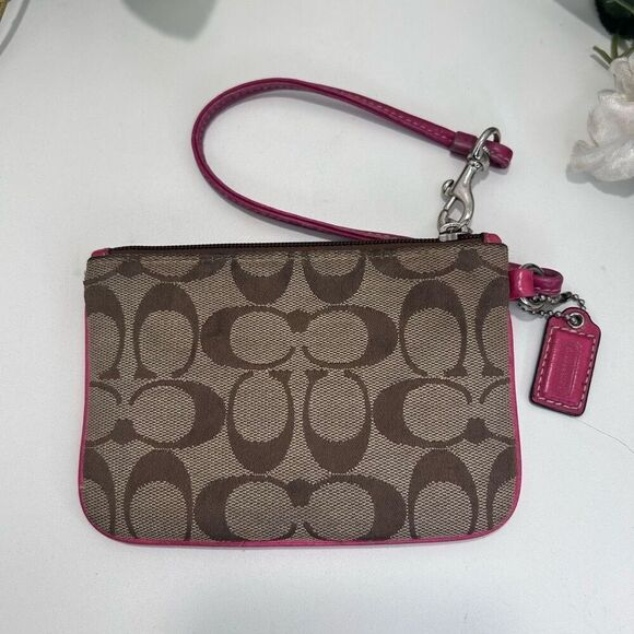 Coach Signature PVC Corner Zip Wristlet Wallet 7.5" Tan Logo Canvas Leather Trim - Picture 4 of 5